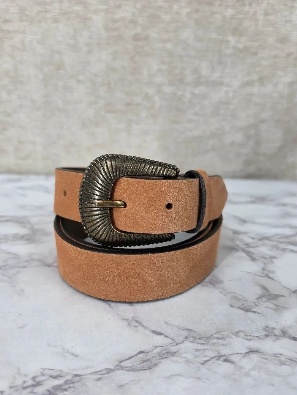 Tan Suede Leather Belt with Antiqued Brass Tone Buckle
